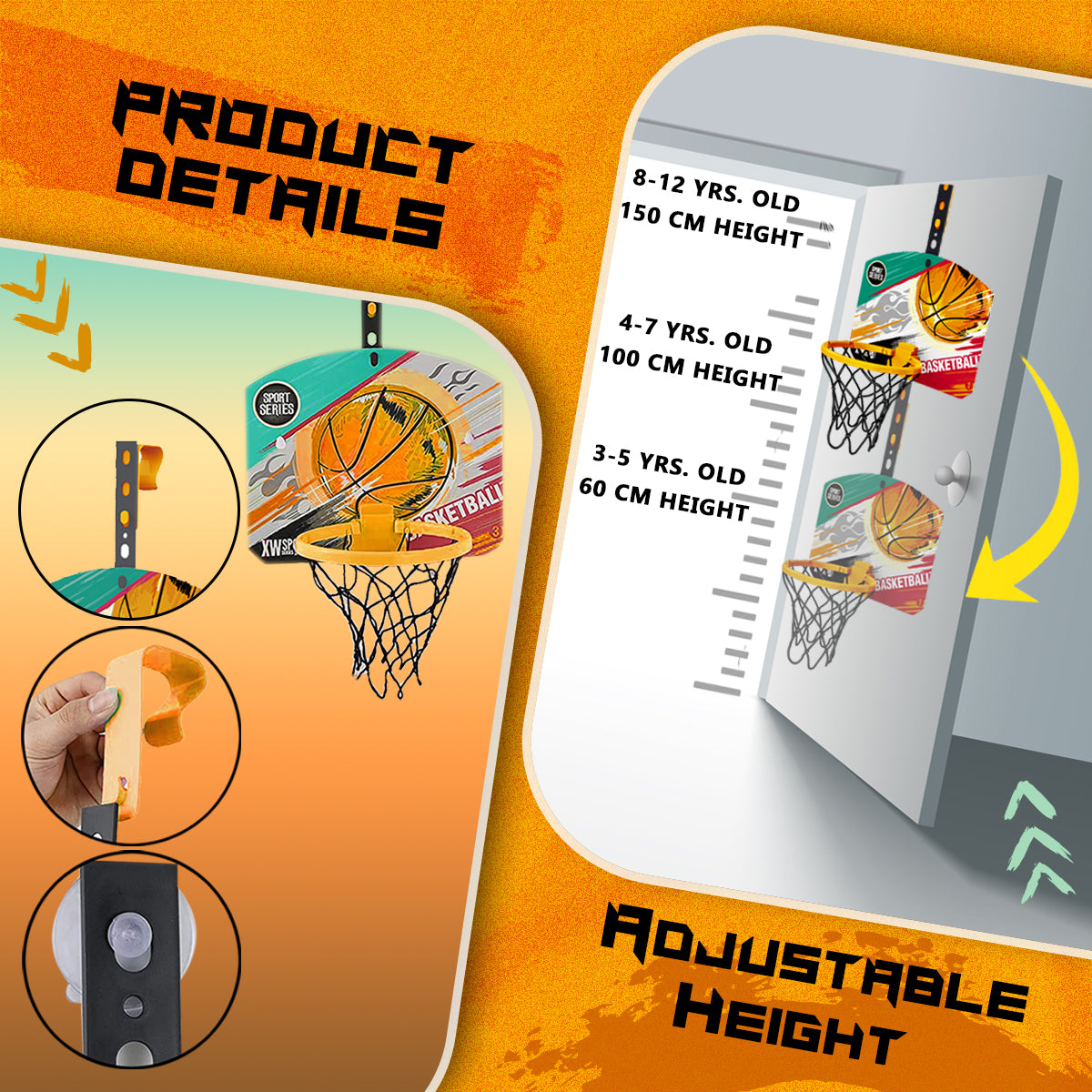 Adjustable Kids Basketball Hoop with Hard Backboard Pump and Ball, Adjustable Hanger Hook Indoor Outdoor Basketball Set with Net Ball and Pump Portable Sport Toys for Kids