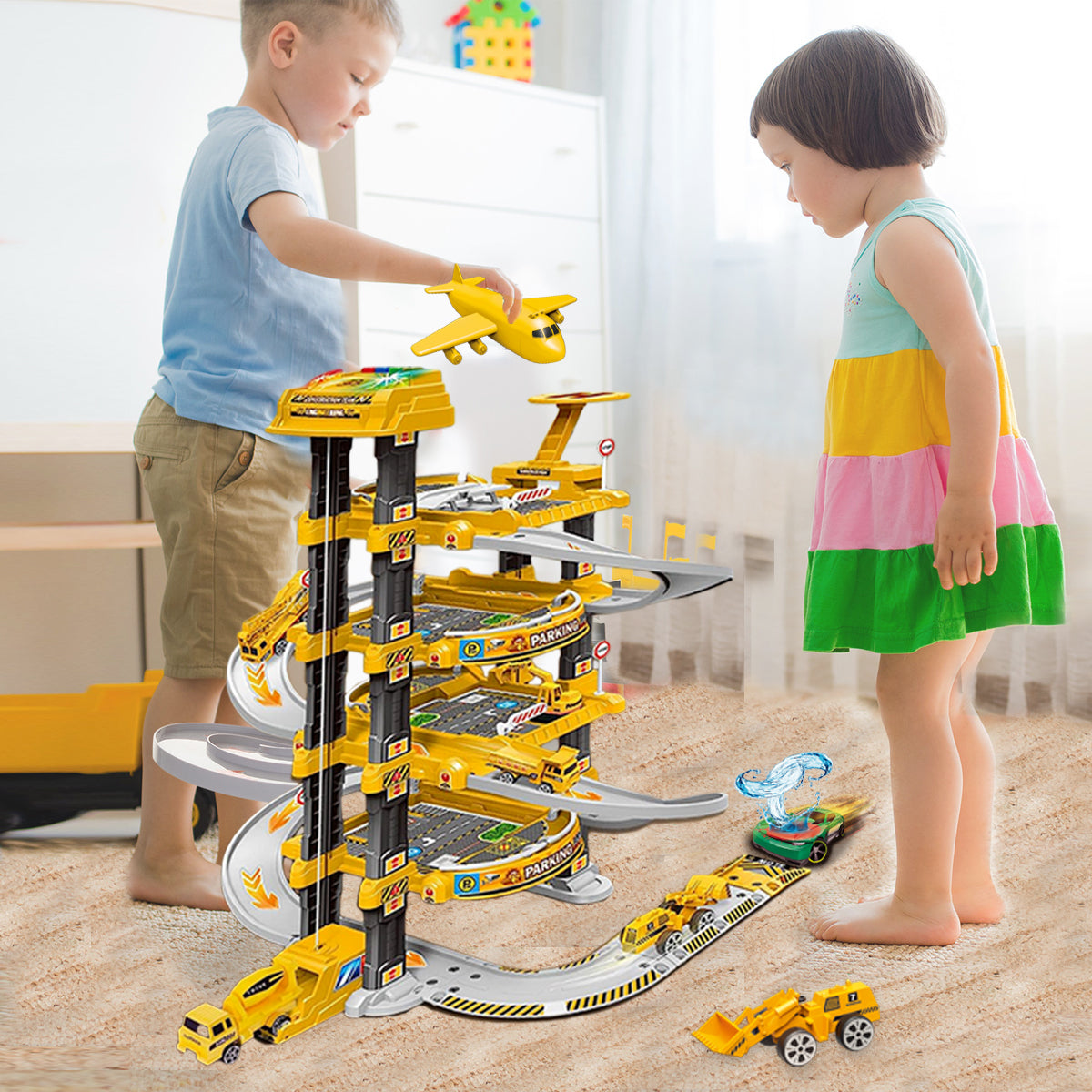 Kids 4 Storey Large Car Parking Lot Garage Play Set with Electric Elevator Ramps Alloy Car Helicopter Race Car Track, Parking Garage Pretend Play Toy for Kids Yellow