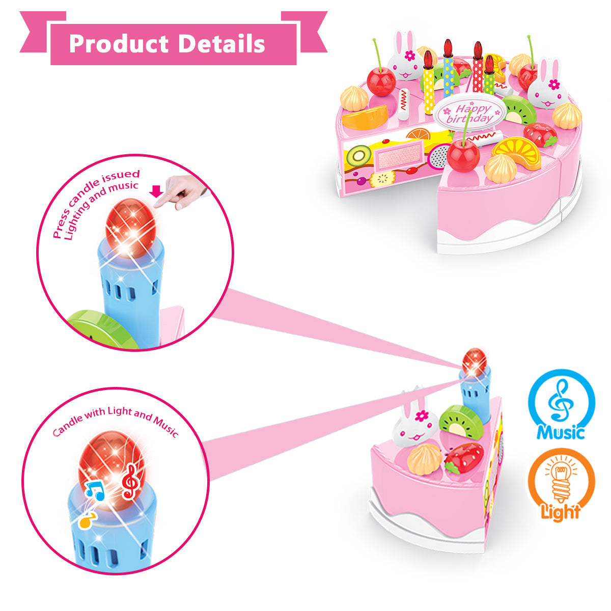 Birthday Cake Light-Up & Musical Cake Set Kids Pretend Play Birthday Cake Toy for Baby & Toddlers Cake Toys with Light Music & Candle Birthday Party Set Toys Gift for Boys Girls Age 3-8 (Pink)