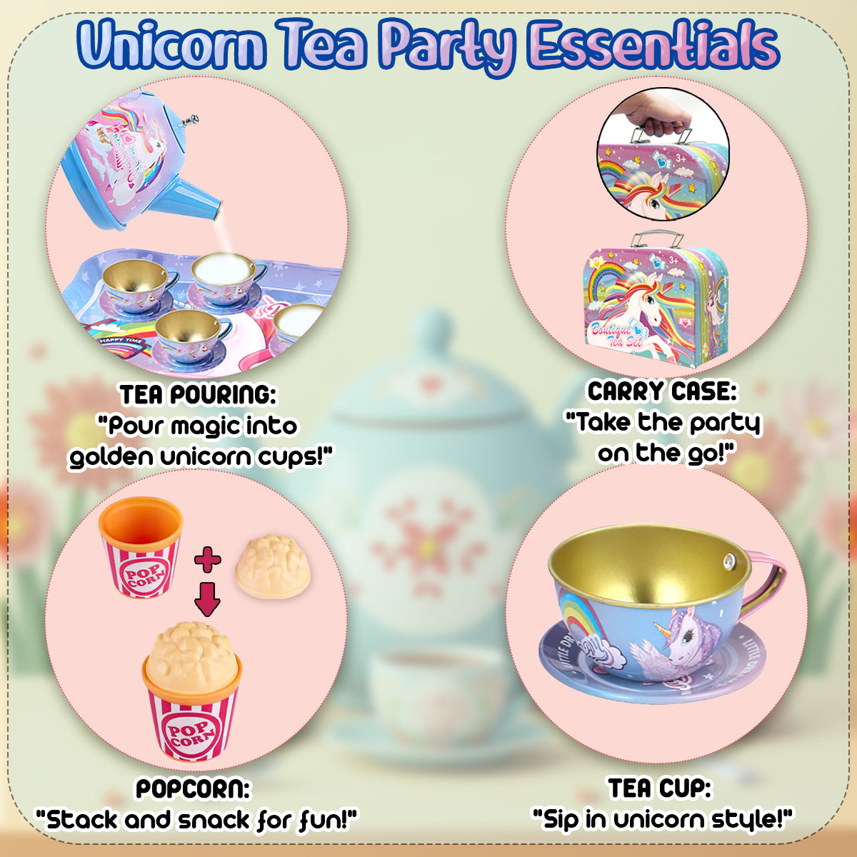 40 Pcs Unicorn Kids Pretend Play Tin Tea Set with Dessert sweet and candy Toy & Carrying Case, Princess Tea Time, Great Return Toy Gift for Your Kids & Little Girls, Colourful Design