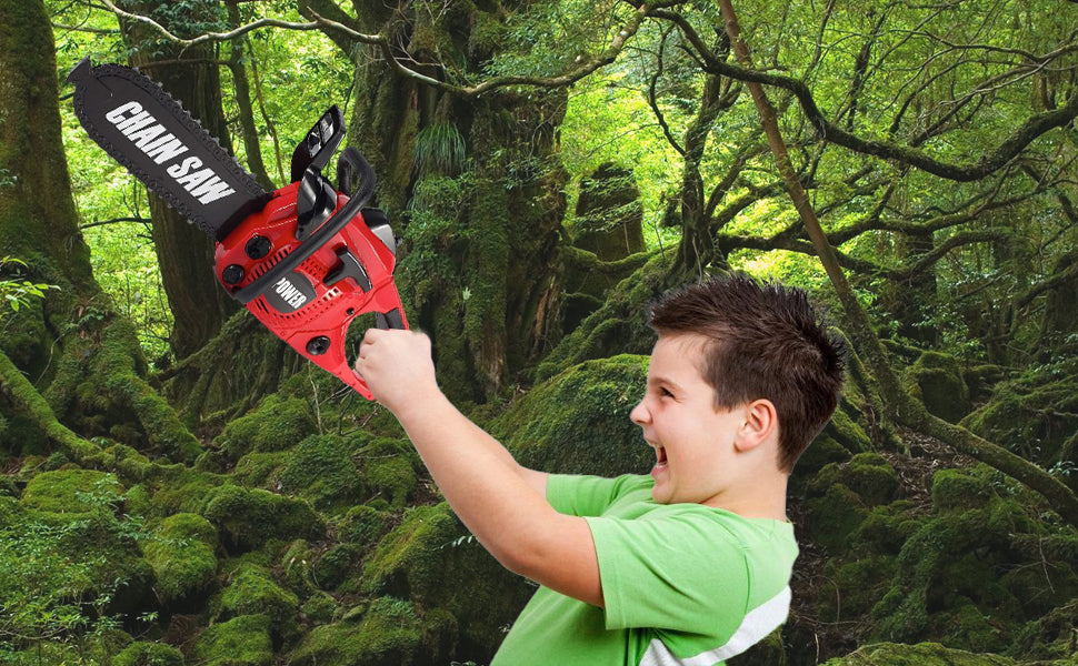Construction Tool Electric Chain Saw Toy Play Set Rotating Chain, Realistic Sounds & Pretend Construction Garden Yardwork, Outdoor Preschool Lawn Toy Gift for Toddler, Red Colour