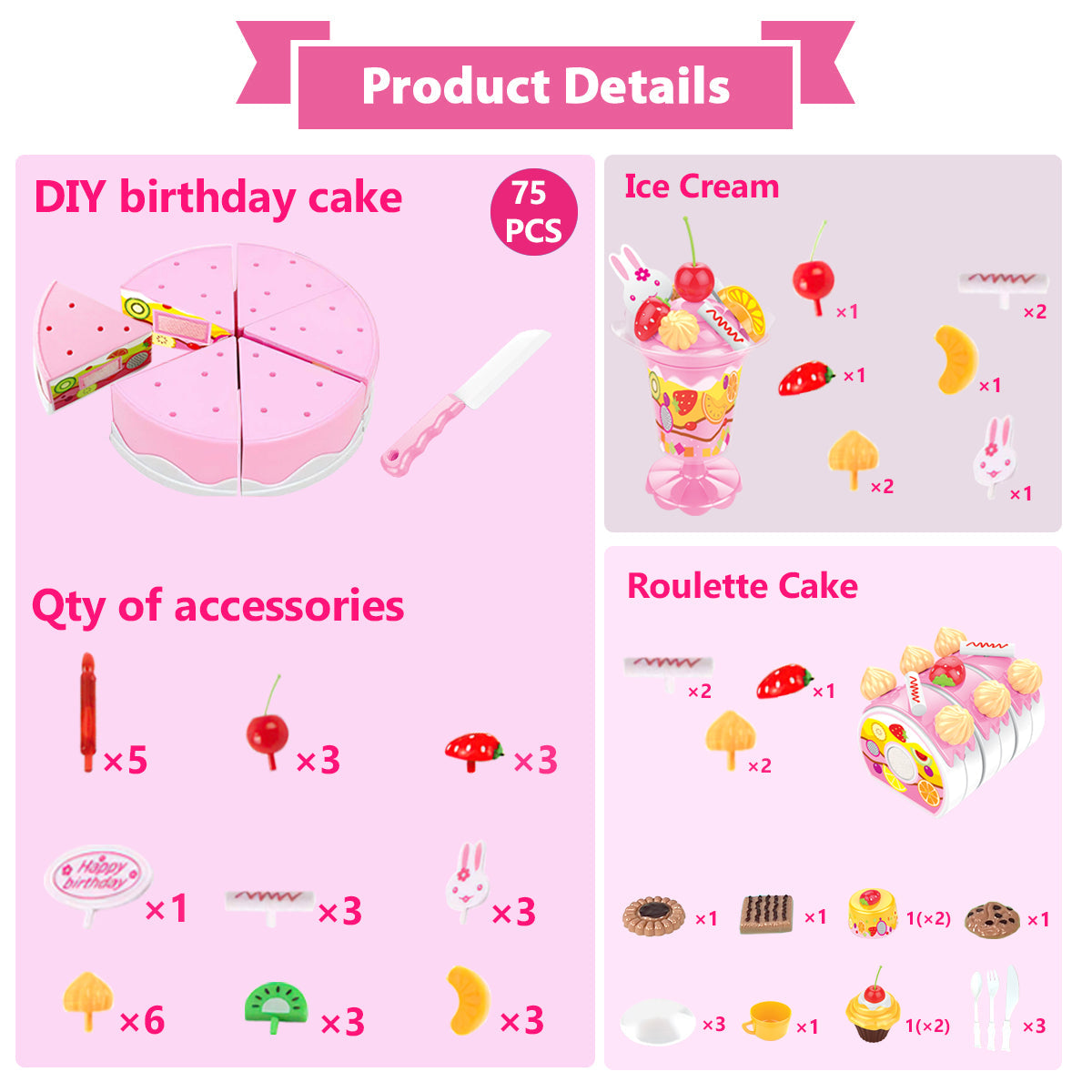 Birthday Cake Light-Up & Musical Cake Set Kids Pretend Play Birthday Cake Toy for Baby & Toddlers Cake Toys with Light Music & Candle Birthday Party Set Toys Gift for Boys Girls Age 3-8 (Pink)