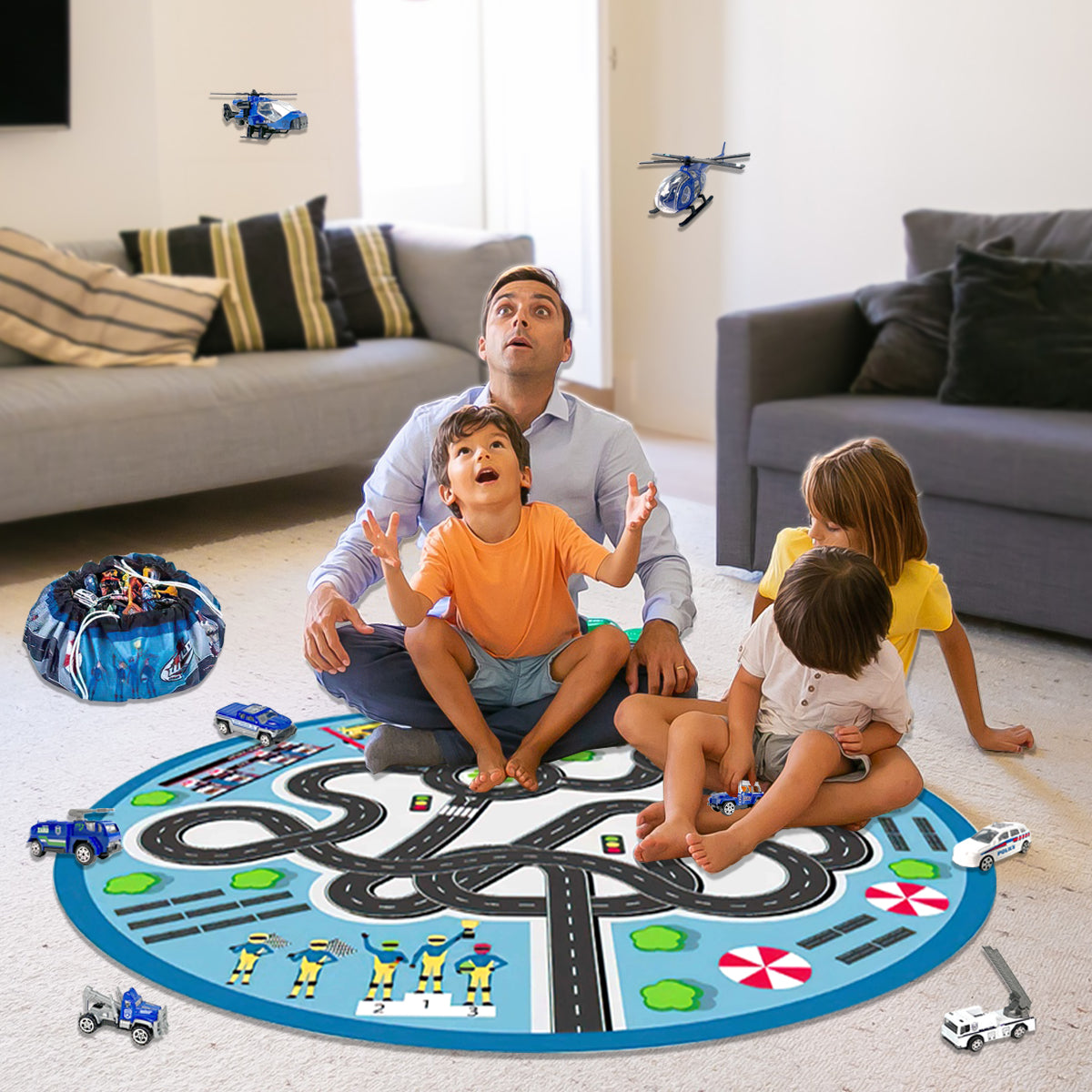 Kids 2 in 1 Carpet Playmat Rug & Rescue Vehicle Set Play Room Rug, City Pretend Play Cars and Toys Baby Toddler Kid Child Educational Ideal for Boys & Girls