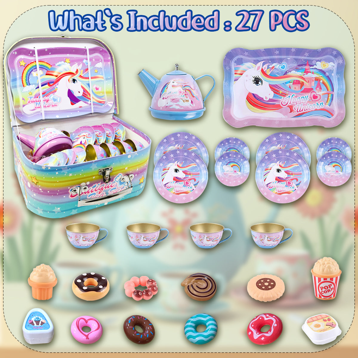 40 Pcs Unicorn Kids Pretend Play Tin Tea Set with Dessert sweet and candy Toy & Carrying Case, Princess Tea Time, Great Return Toy Gift for Your Kids & Little Girls, Colourful Design