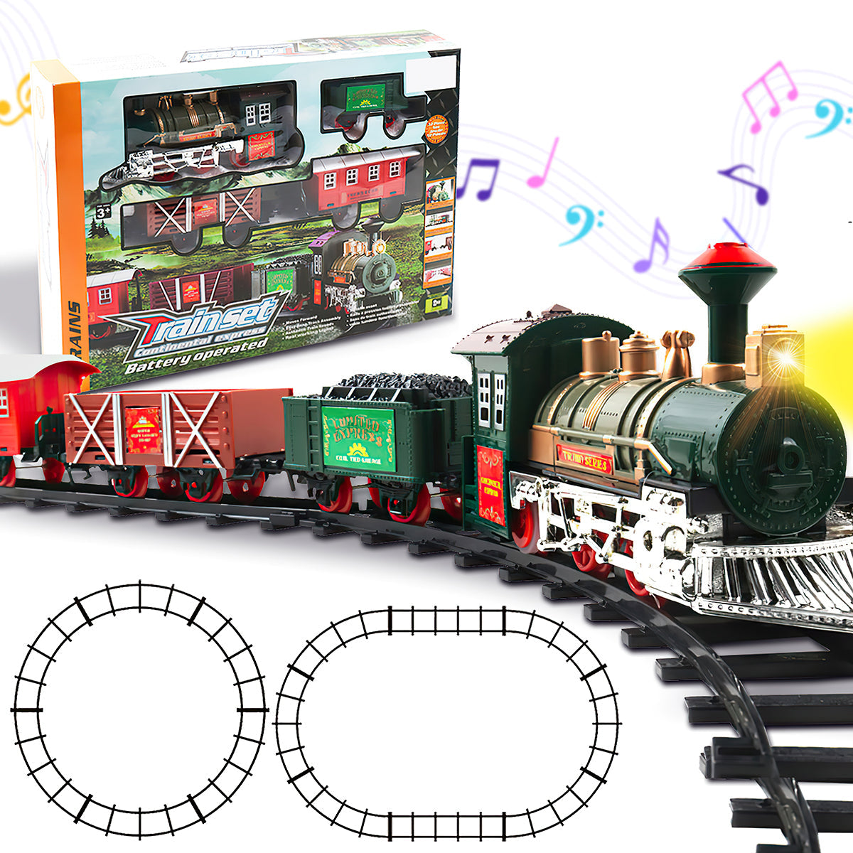 Classic Holiday Toy Train Set Illuminated Electric Locomotive with Cargo, Passenger Cars, Kids' Railway Playset with Authentic Sounds and LED Lights Christmas Tree Décor