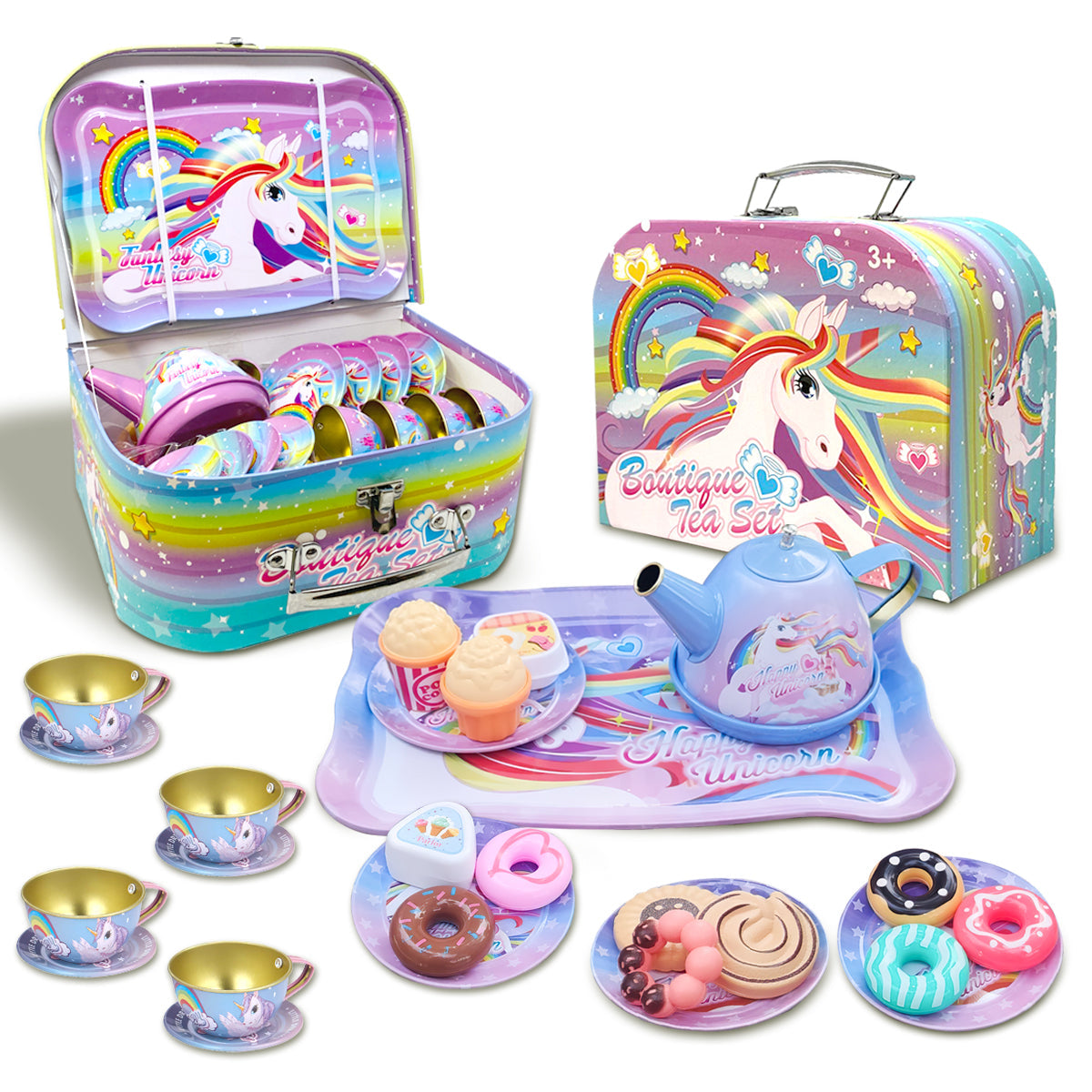 40 Pcs Unicorn Kids Pretend Play Tin Tea Set with Dessert sweet and candy Toy & Carrying Case, Princess Tea Time, Great Return Toy Gift for Your Kids & Little Girls, Colourful Design