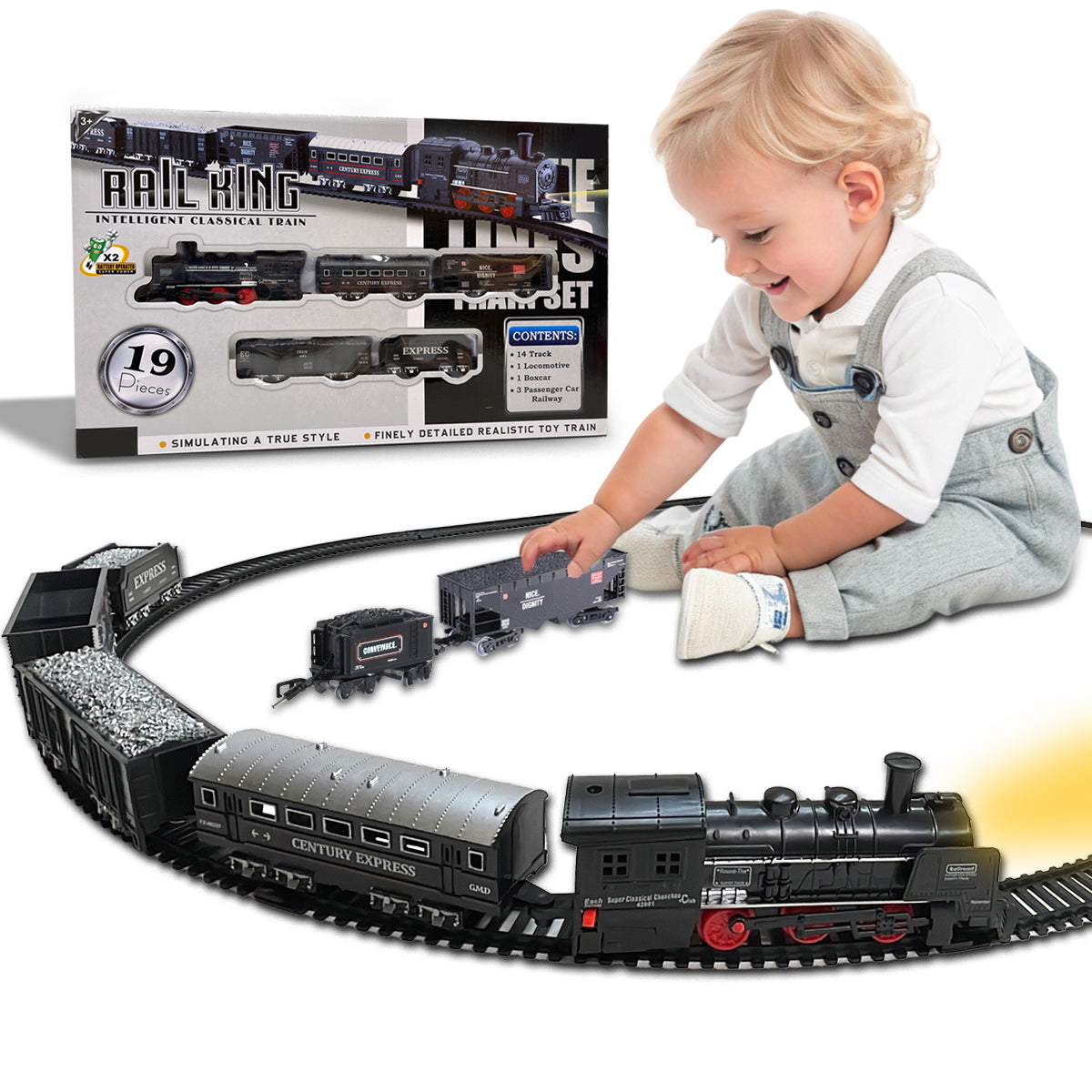 Classic Train Set with Tracks, Battery Operated, Retro Design, Toys for Kids with Lights, Durable & Safe Exciting Train Track Set for kids, Easy to Assemble
