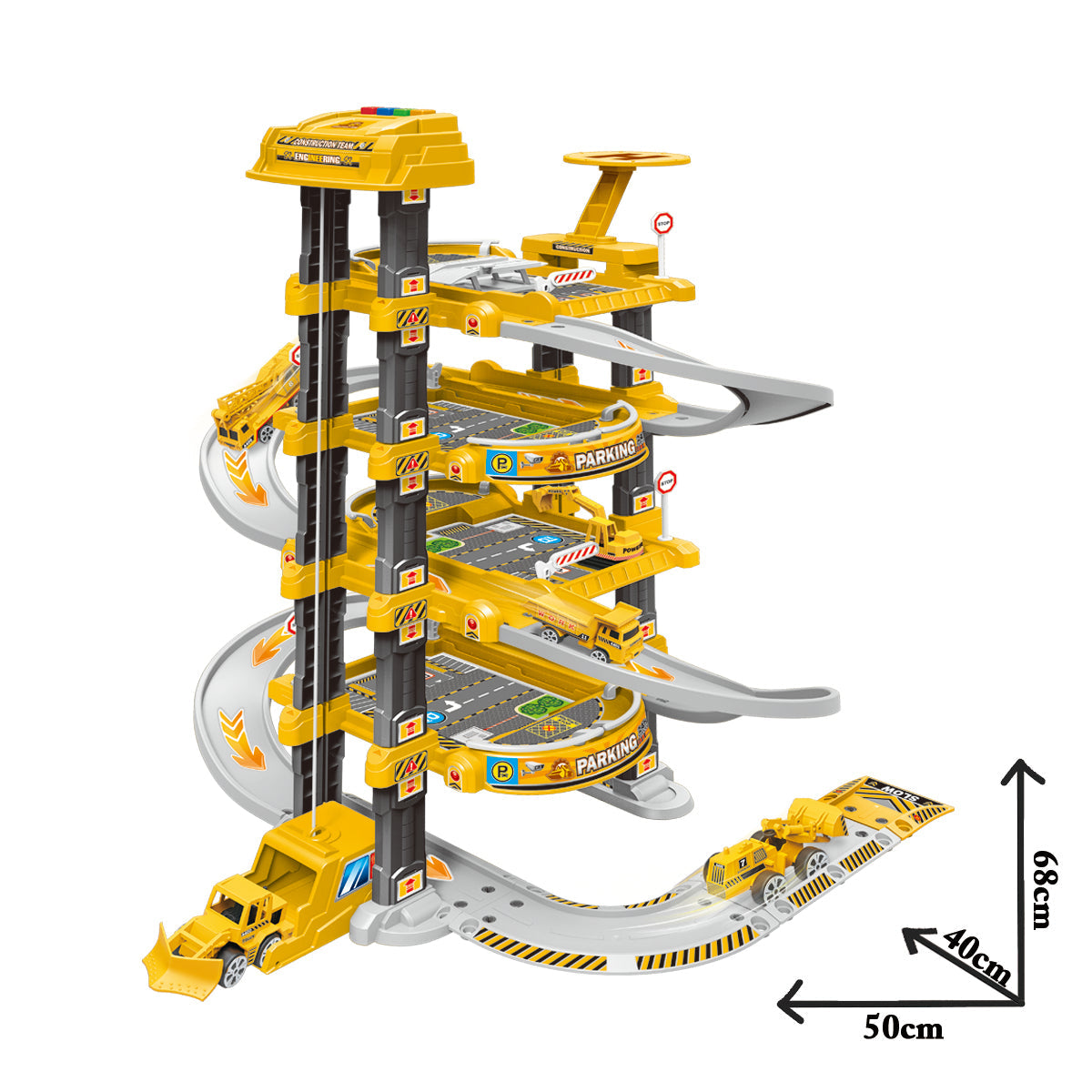 Kids 4 Storey Large Car Parking Lot Garage Play Set with Electric Elevator Ramps Alloy Car Helicopter Race Car Track, Parking Garage Pretend Play Toy for Kids Yellow