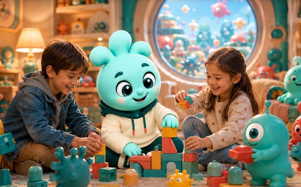 Toyana mascot playing with building blocks