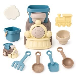 Kids Bucket and Spade Set – Train Sand Toys with Rake and Moulds