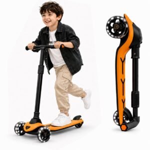 Kids Scooter with LED Light-Up Wheels – Foldable 3-Wheel, Orange