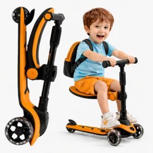 Kids Scooter with Seat & LED Wheels – Foldable 3-Wheel, Orange