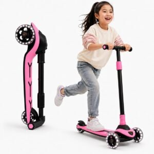 Kids Scooter with LED Light-Up Wheels – Foldable 3-Wheel, Pink