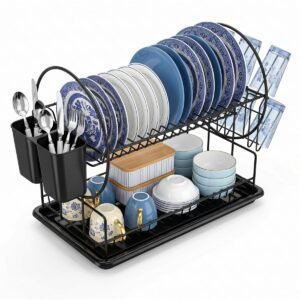 2 Tier Dish Drainer Rack with Drip Tray – Matt Black Carbon Steel