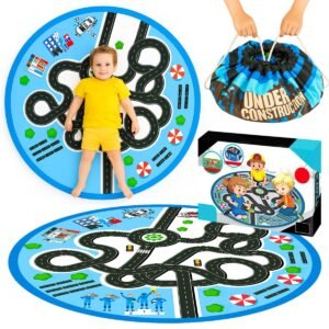 Car Play Mat, 2-in-1 Blue City Road Rug & Toy Storage Bag 130cm