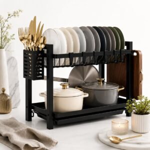 2 Tier Dish Drainer Rack – Black Steel with Chopping Board Stand